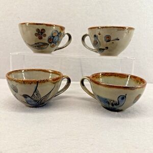 Set of 4 Vintage Ken Edwards Tonalá Pottery Mugs KE Bird Folk Art Mexico